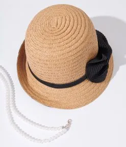 Jeanne Simmons Accessories Tan & Black Ribbon Woven Cloche Hat