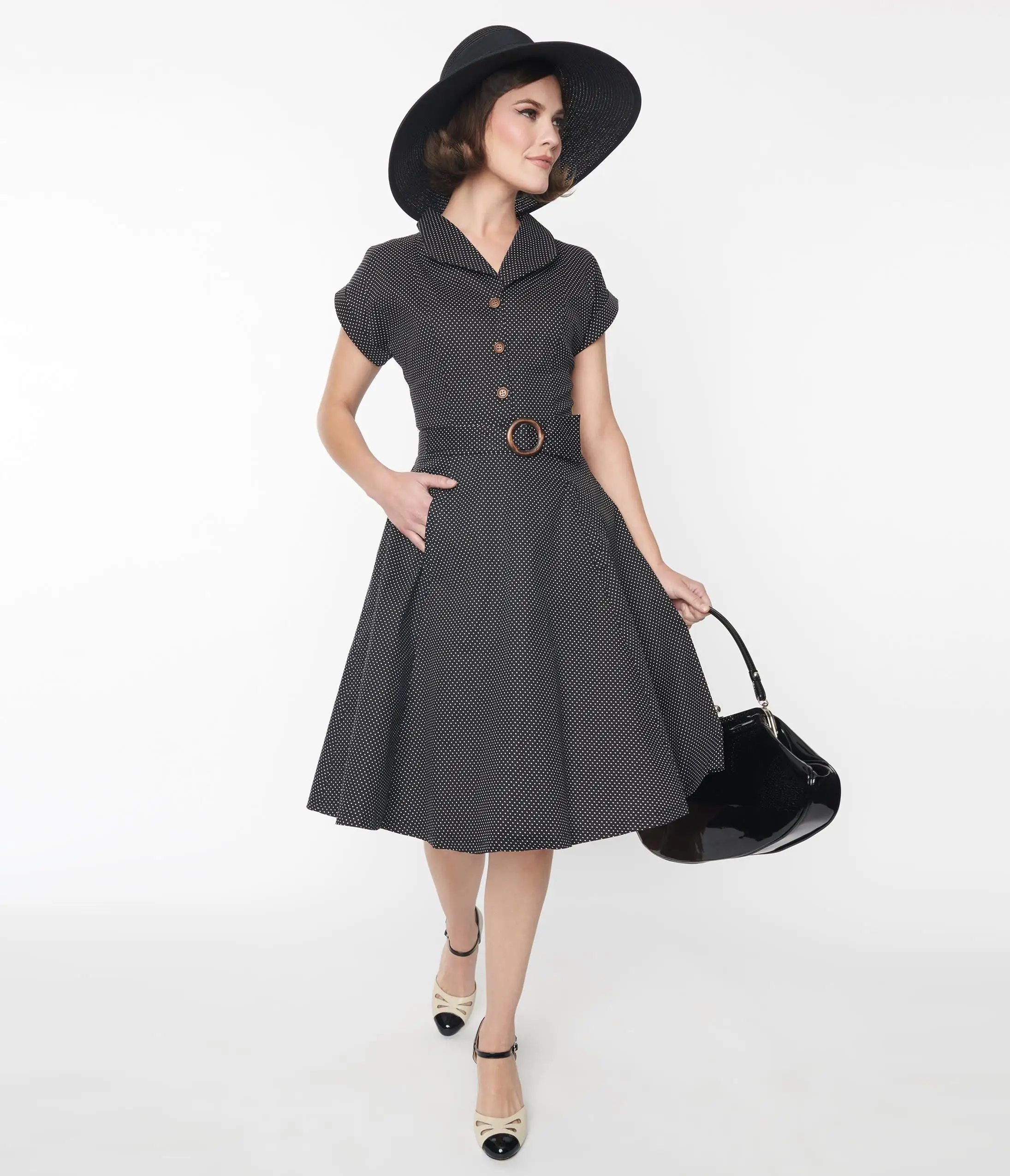 Lifestyle Group (UK) Ltd 1950s Belted Black Pin Dot Swing Dress