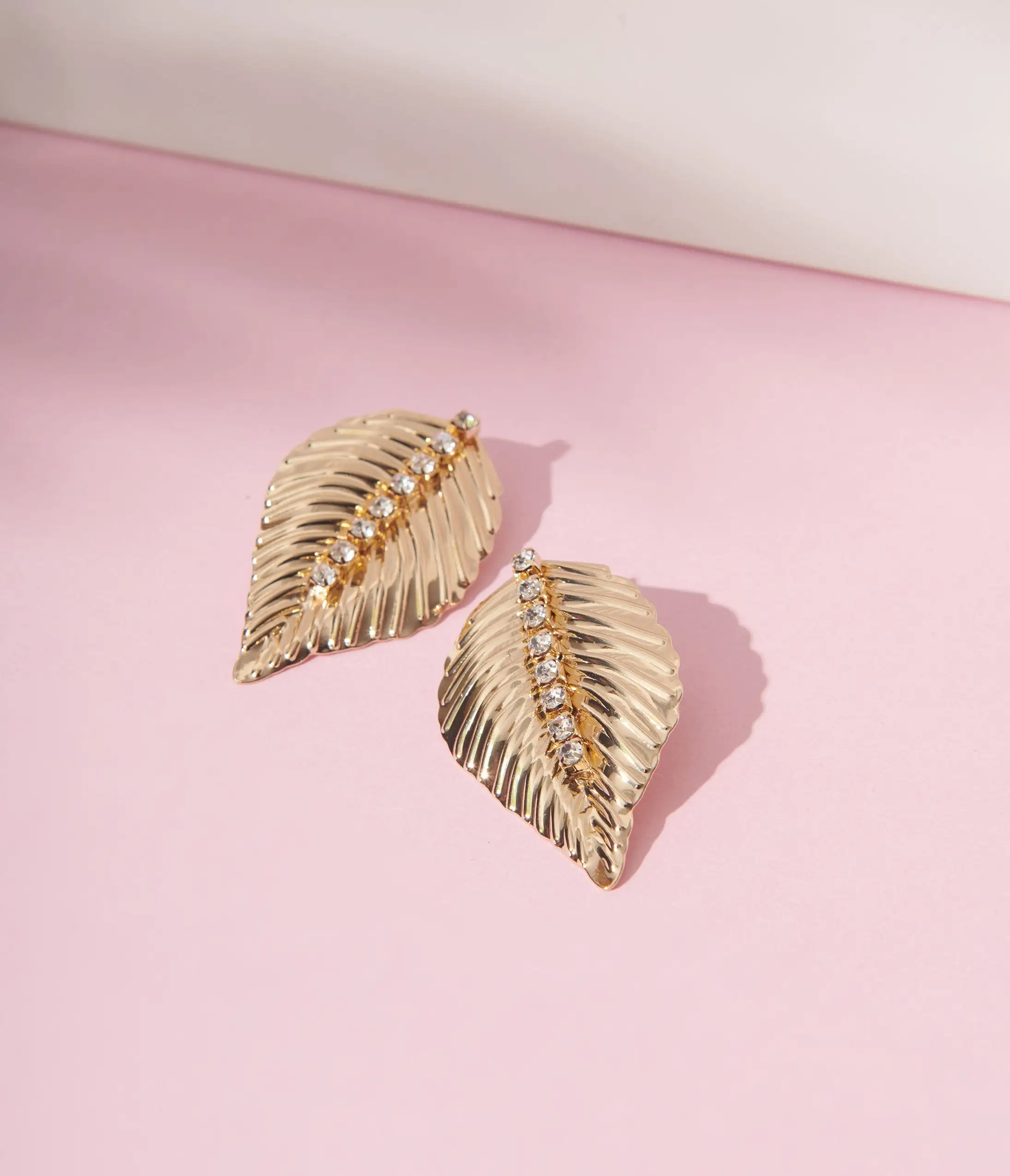 Anb Fashion (Faire) Gold Rhinestone Leaf Stud Earrings
