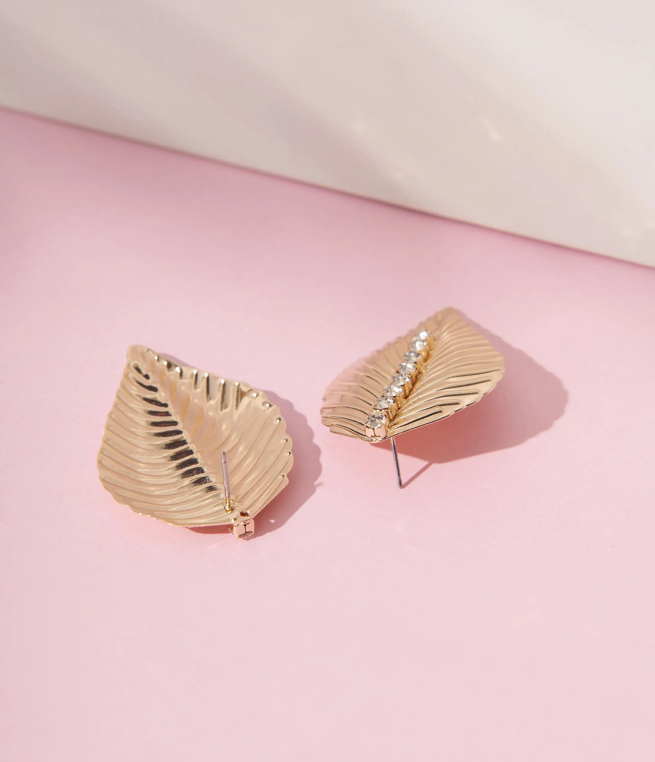 Anb Fashion (Faire) Gold Rhinestone Leaf Stud Earrings - Image 2