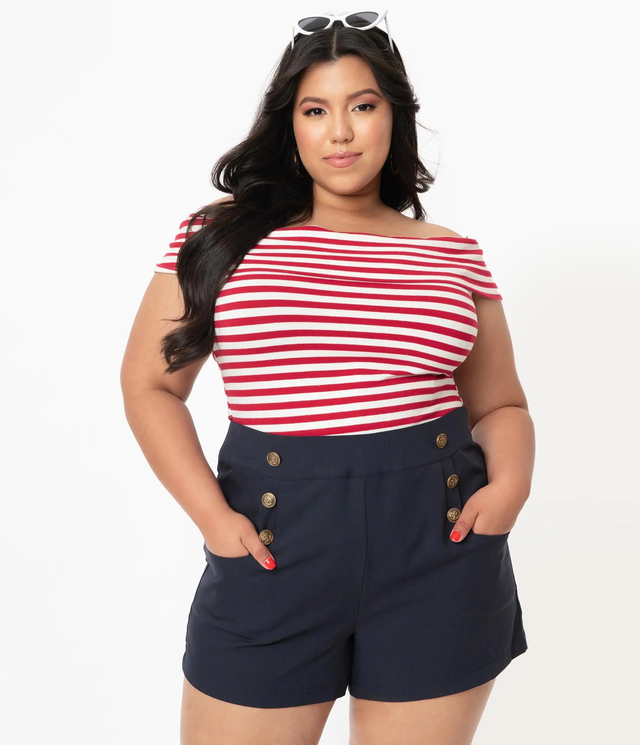 Unique Vintage Plus Size 1940s Style Navy Blue Sailor Debbie Shorts