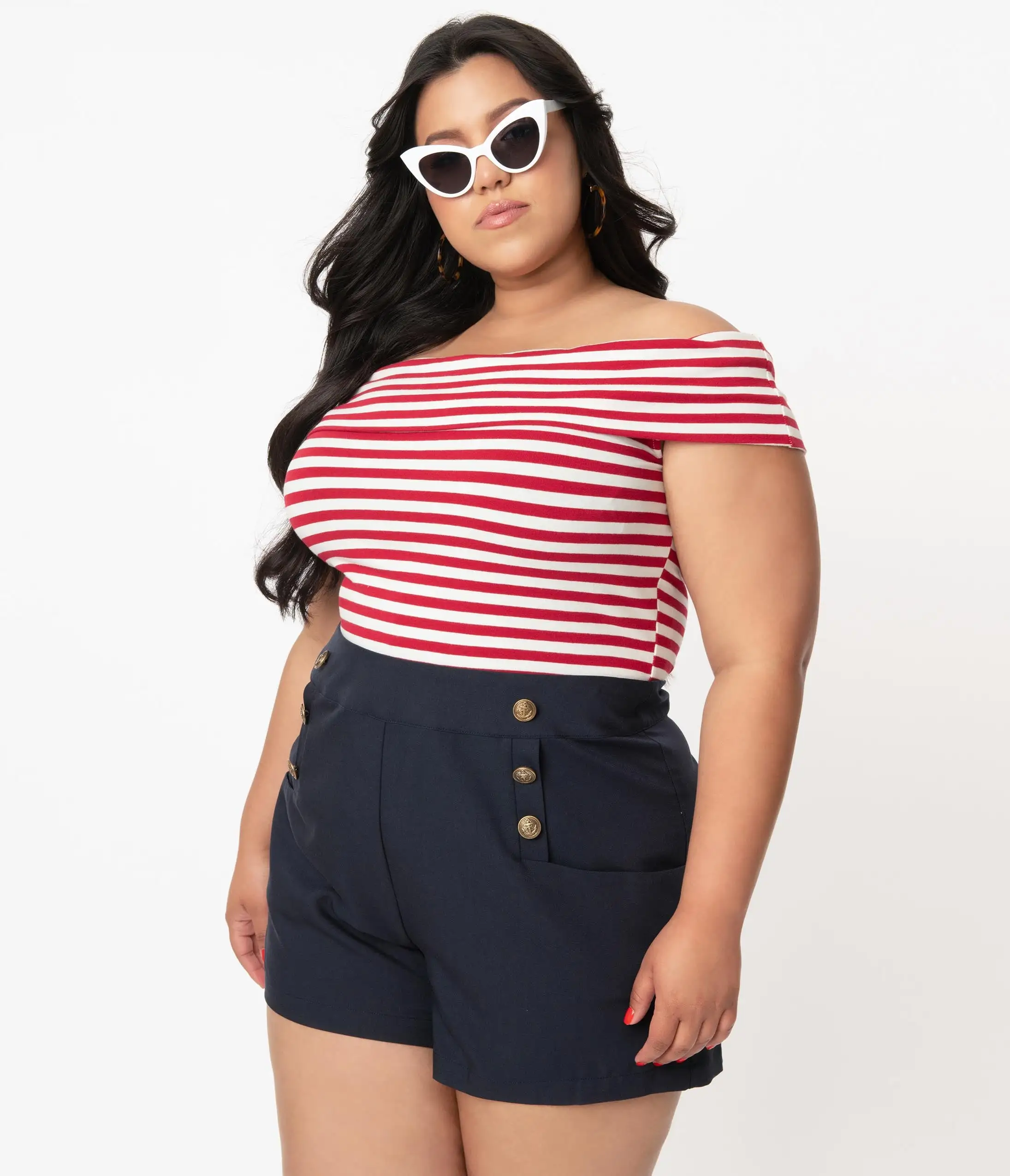 Unique Vintage Plus Size 1940s Style Navy Blue Sailor Debbie Shorts - Image 4