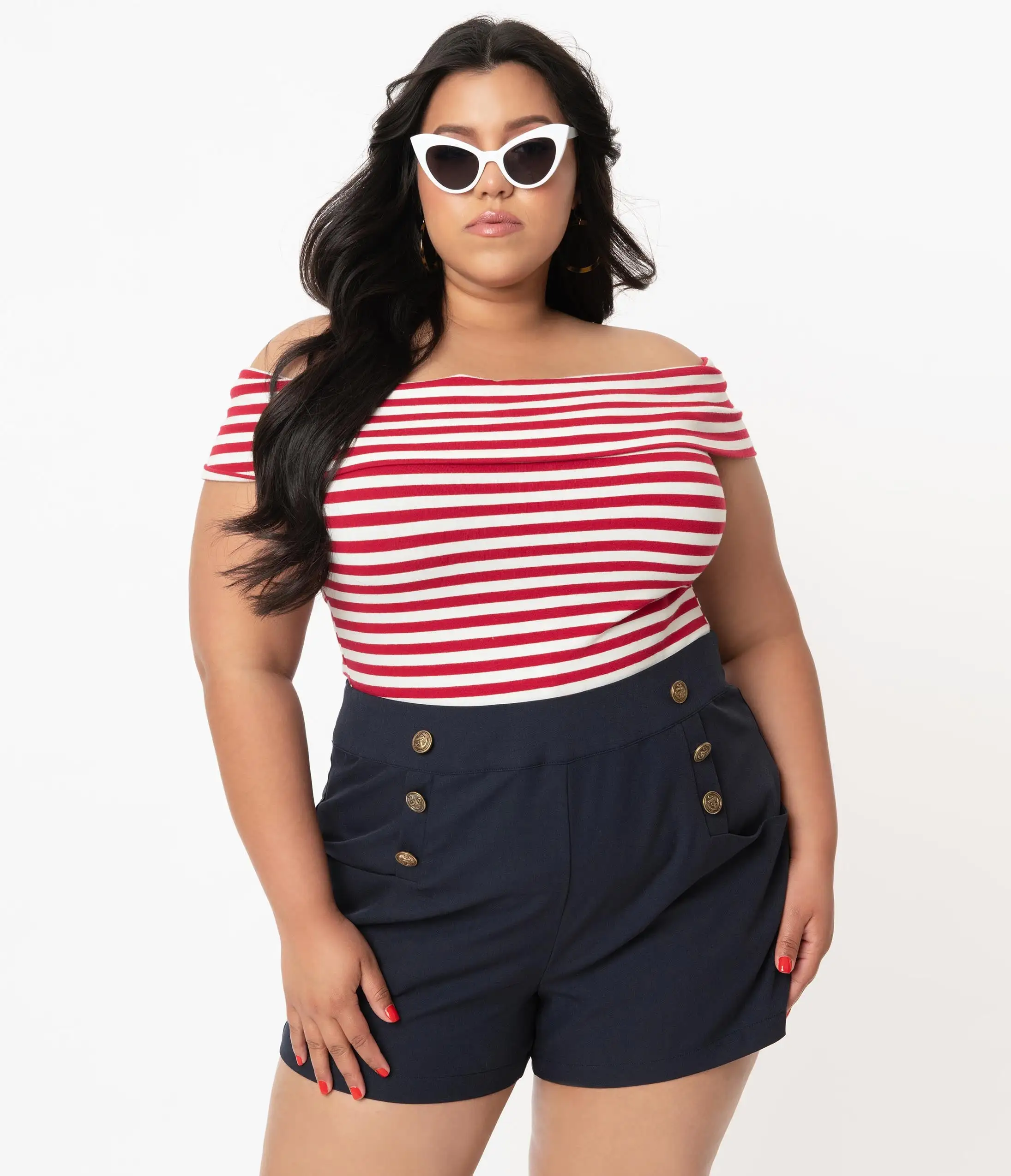 Unique Vintage Plus Size 1940s Style Navy Blue Sailor Debbie Shorts - Image 5