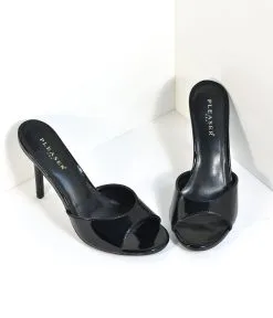 PLEASER Black Patent Leatherette Peep Toe Slip On Heels