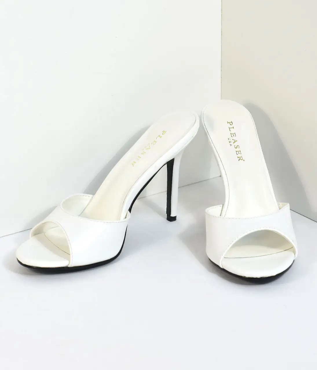PLEASER White Matte Leatherette Peep Toe Slip On Heels