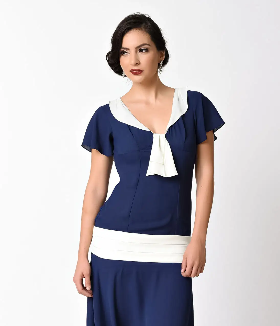Unique Vintage 1920s Navy Blue & Ivory Wilshire Flapper Day Dress - Image 5